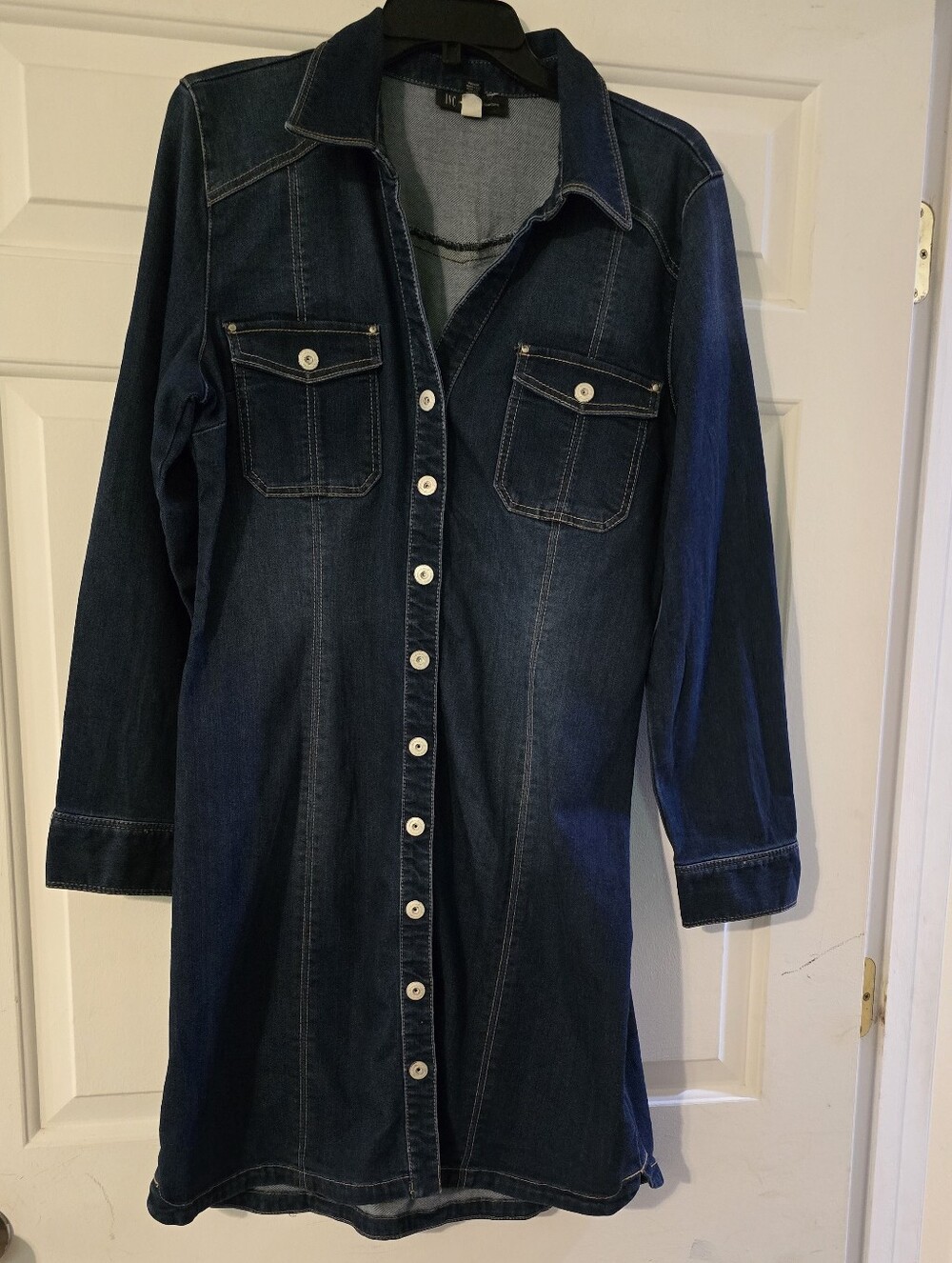Inc Denim Button-Front Shirt Dress in Dark Blue